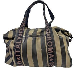 Auth Fendi Logo Weekender Overnight Pequin Stripe Bag Olive Canvas